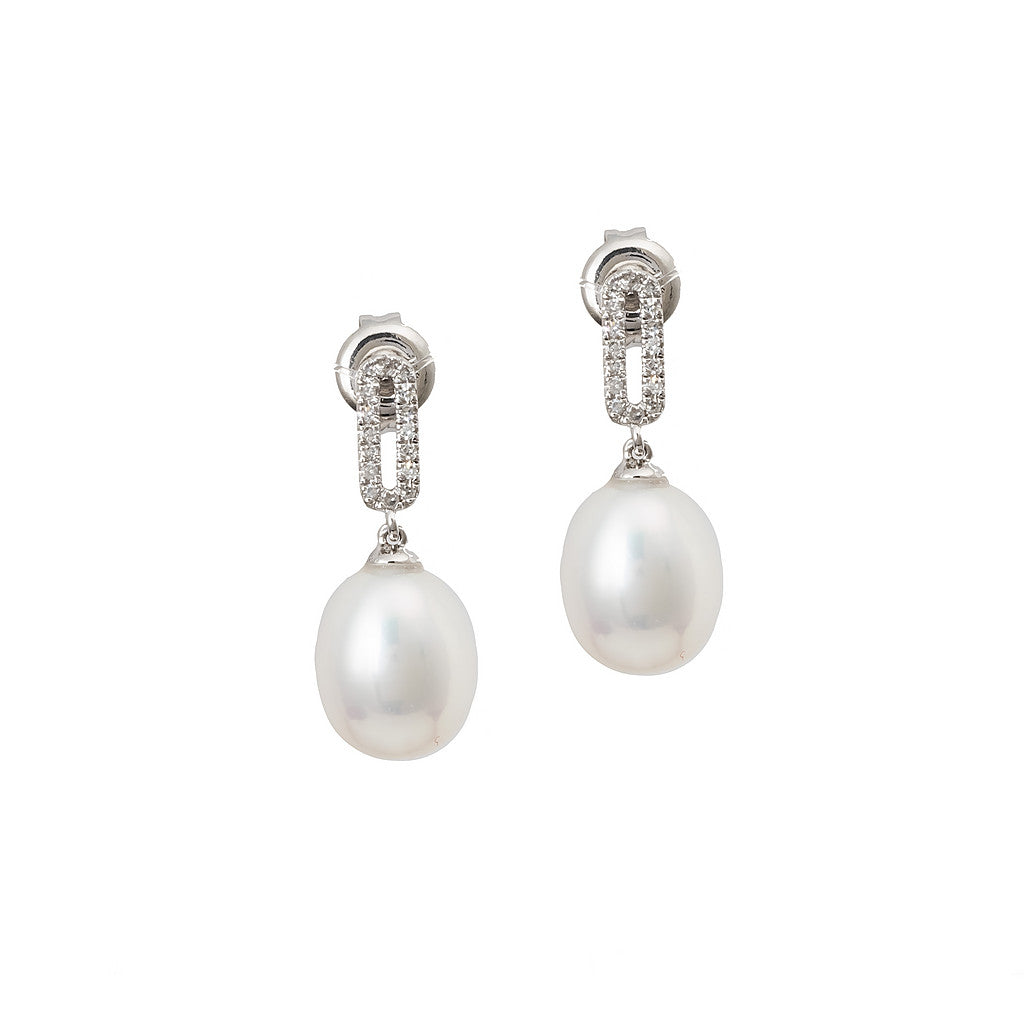 Aros Eslabón Brillantes con Perla Gota Colgando