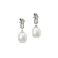 Aros Eslabón Brillantes con Perla Gota Colgando