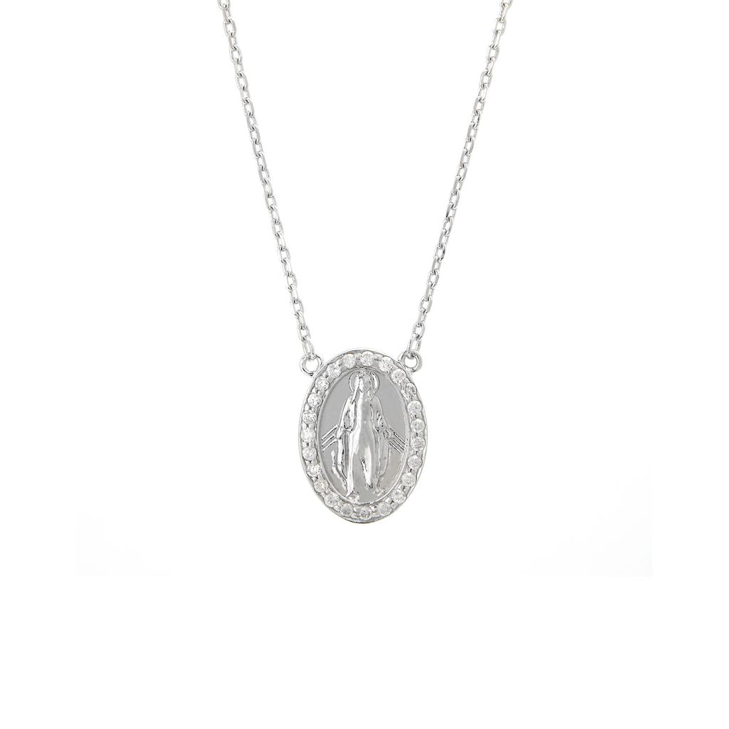 COLLAR PLATA MEDALLA VIRGEN MILAGROSA RODEADA BRILLANTES GRANDE