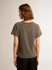 GOLDEN W'S SLIM T-SHIRT DISTRESSED COTTON JERSEY WITH LOGO