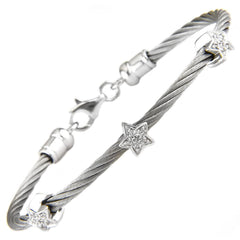 Pulsera plata alambre trenzado con 3 estrellas con brillantes