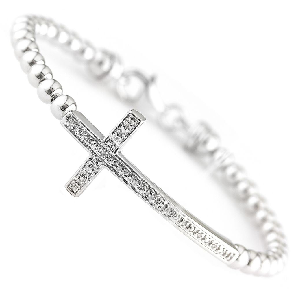Pulsera plata bolitas, cruz con brillantes