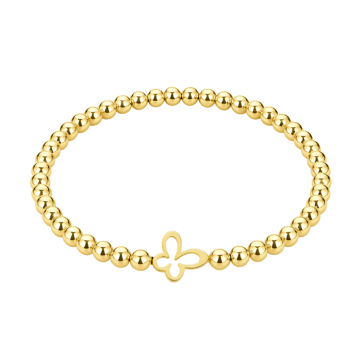 Pulsera bolitas goldfill con mariposa calada al centro.
