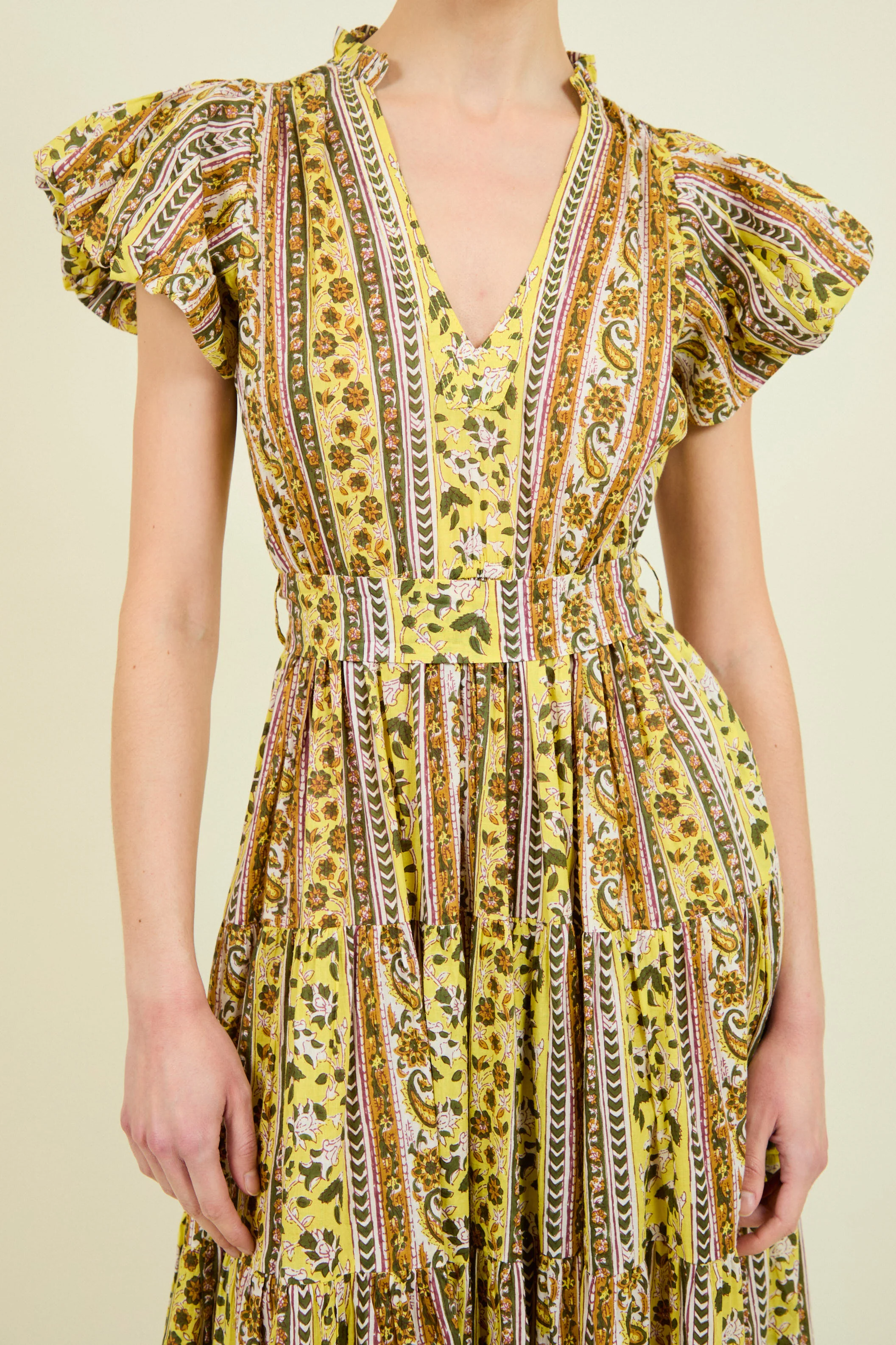 Vestido Largo Escote Pico Amarillo