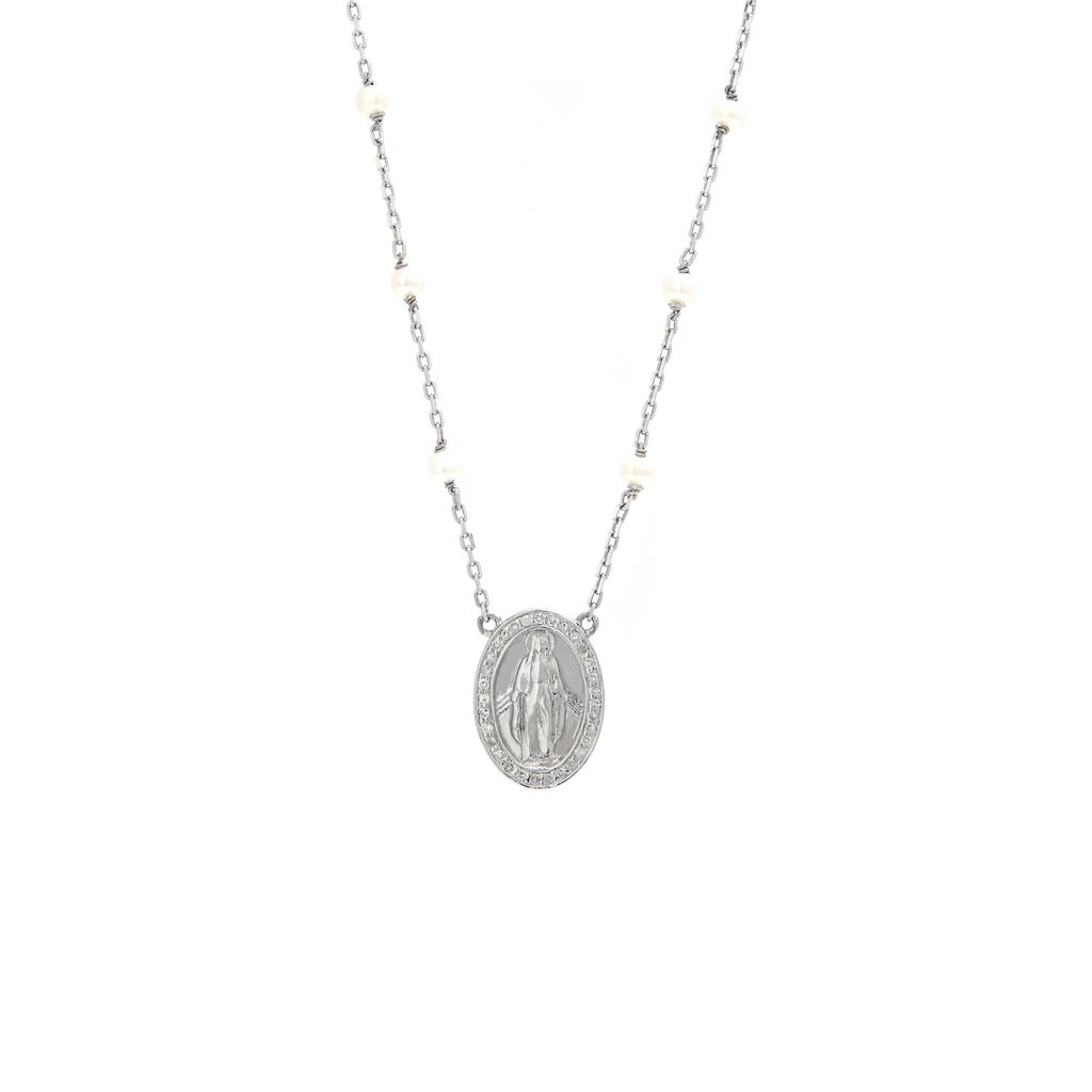 Collar plata y perlas con medalla milagrosa rodeada con brillantes