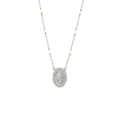 Collar plata y perlas con medalla milagrosa rodeada con brillantes