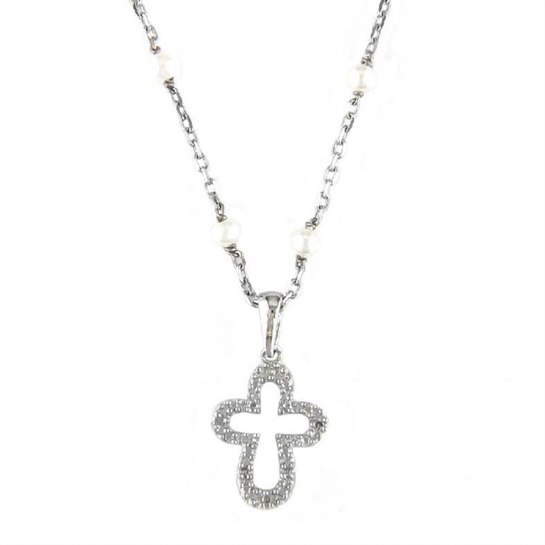 COLLAR PLATA, PERLAS Y BRILLANTES CRUZ