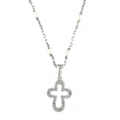 COLLAR PLATA, PERLAS Y BRILLANTES CRUZ