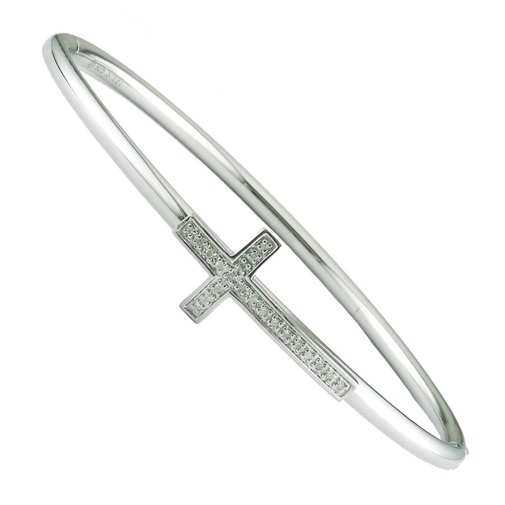 PULSERA ACERO PLATA Y  CRUZ CON BRILLANTES
